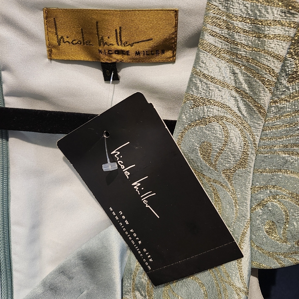 Nicole Miller Satin light blue shiny dress with gold accents size 0 NWT - Picture 9 of 11